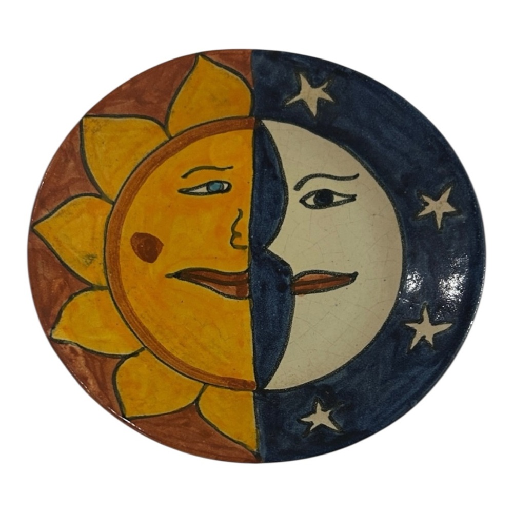 Vintage hand painted small sun moon face plate southwestern folk art signed